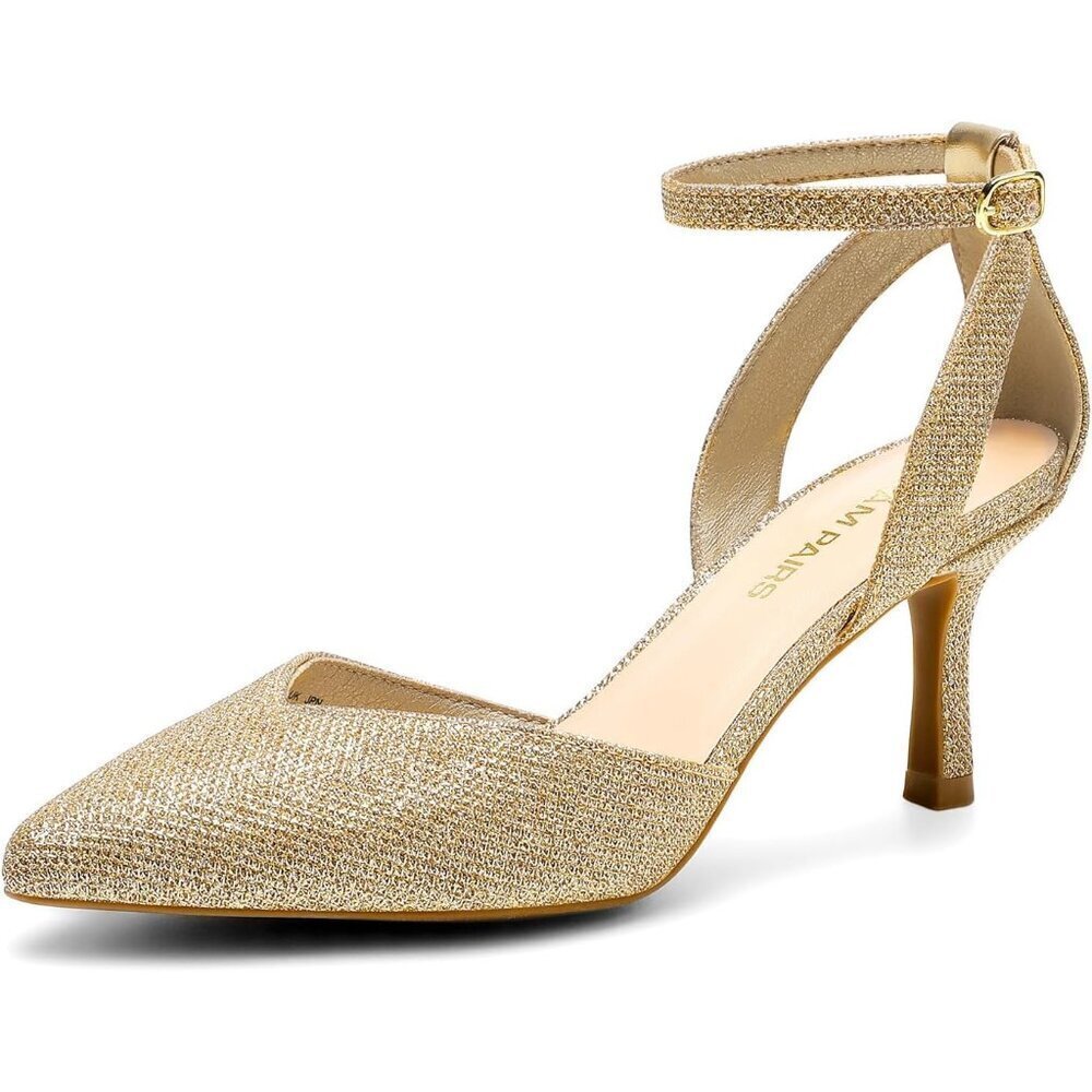 Dream Pairs Women Gold-glitter Closed Pointed Toe Kitten Heels Ankle Strap Pumps